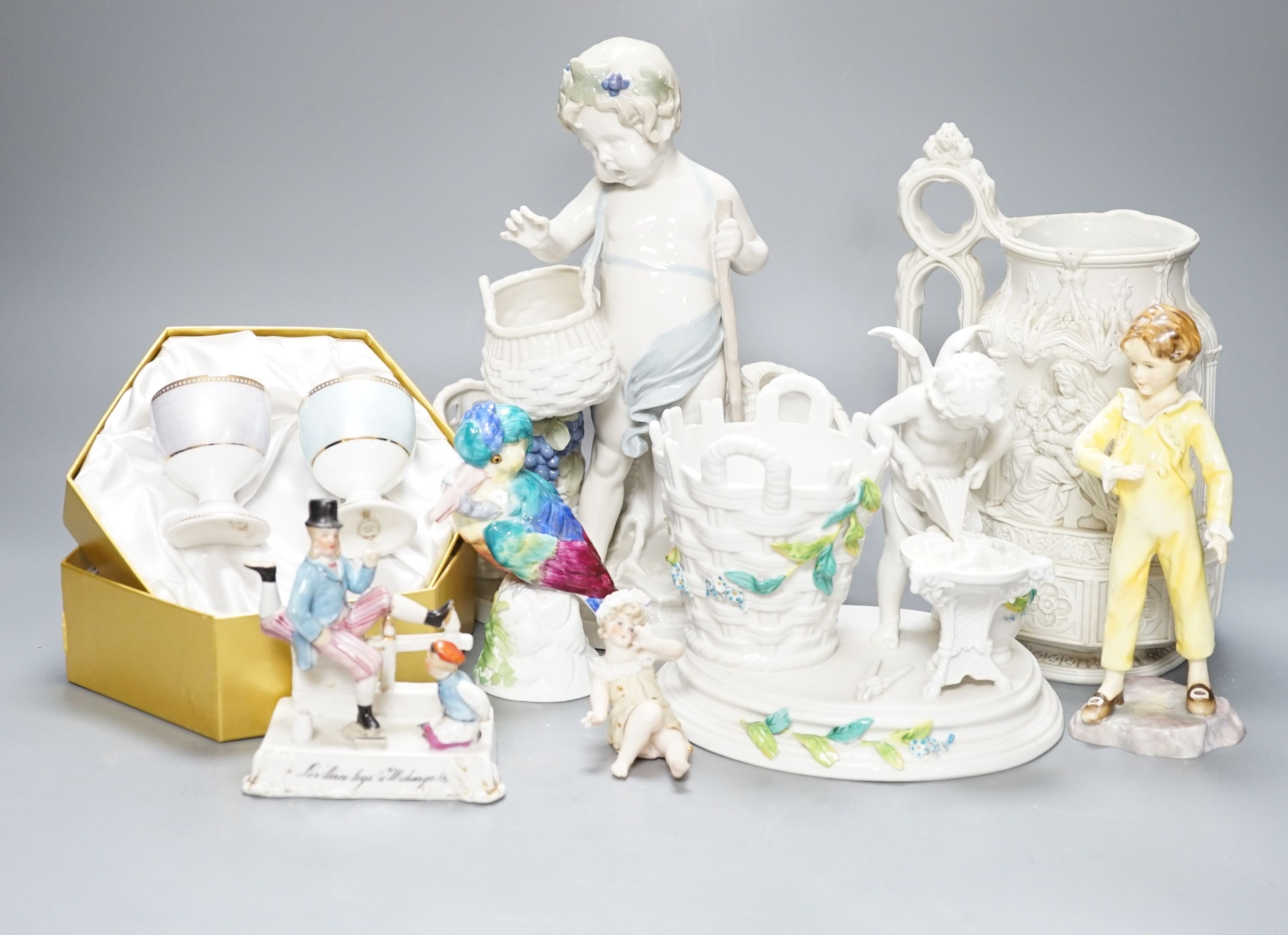 Ornamental china including uncommon three legged fairing, fairing 11 cms high, two continental porcelain groups, a Worcester figure the parakeet etc.